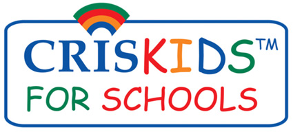 criskids for schools logo in multicolor lettering in a blue frame with rainbow