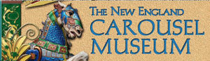 new-england-carousel-museum-logo with a multicolored carousel horse and blue letters on tan background