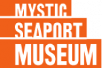 the mystic seaport logo with white letters on an orange background