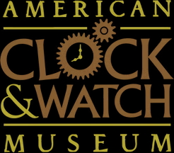 american clock and watch museum logo with brown and yellow letters on a dark background
